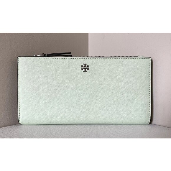 New Tory Burch Emerson Slim Envelope Leather Wallet Meadow Mist - Picture 1 of 5
